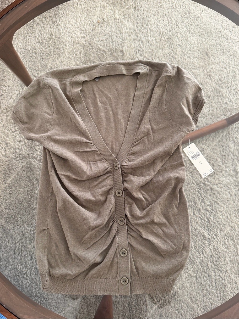 NWT- Anthropologie Ruched Button-Front Short Sleeve Top - Taupe